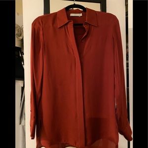 Vince Collared Long Sleeve Button Up Blouse- Red